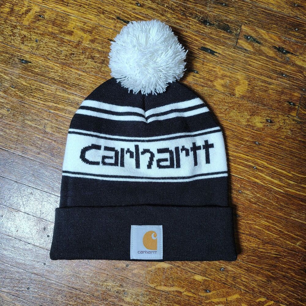Carhartt Pom Pom Beanie Knit Logo Hat Black White Cuffed Winter One Size